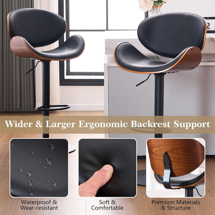 6 Black Large Bar Stools with Back 21" Wide Modern Swivel Adjustable Height Bar Chairs with Footrest PU Leather Upholstered Bentwood Barstools for Kitchen Counter Island 330LBS Load - ShipItFurniture