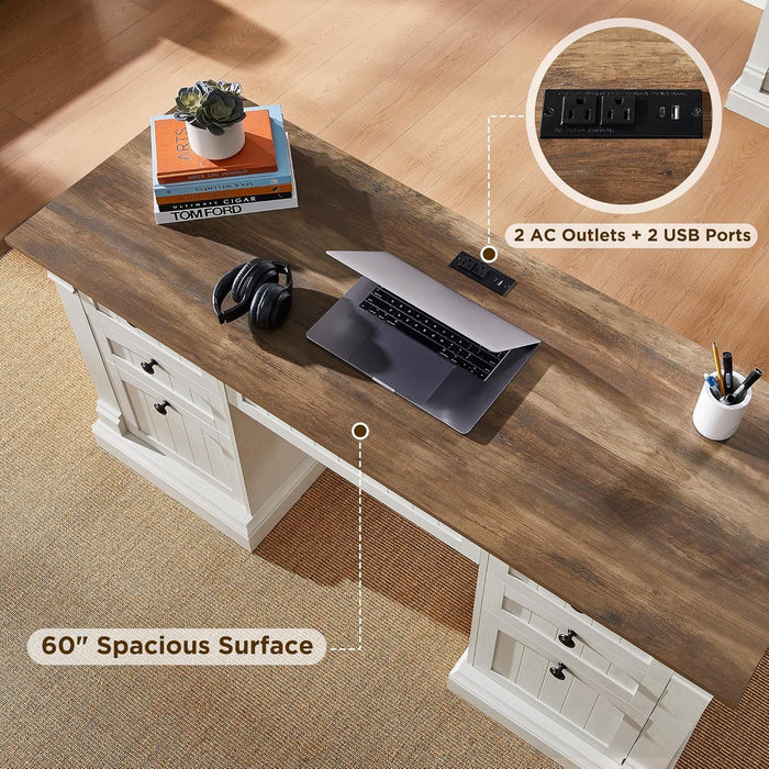 60" Executive Desk with Drawers, Farmhouse Home Office Desk with Charging Station, Keyboard Tray, File Cabinet Storage, Wood Computer Desk for Work and Study, Antique White - ShipItFurniture