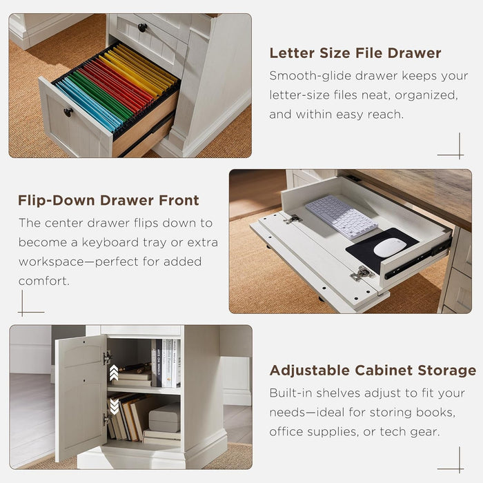 60" Executive Desk with Drawers, Farmhouse Home Office Desk with Charging Station, Keyboard Tray, File Cabinet Storage, Wood Computer Desk for Work and Study, Antique White - ShipItFurniture