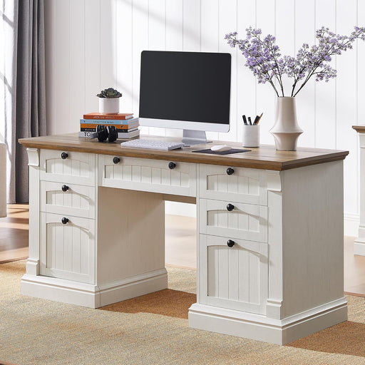 60" Executive Desk with Drawers, Farmhouse Home Office Desk with Charging Station, Keyboard Tray, File Cabinet Storage, Wood Computer Desk for Work and Study, Antique White - ShipItFurniture