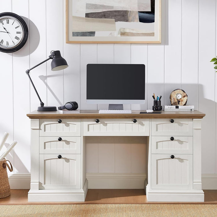 60" Executive Desk with Drawers, Farmhouse Home Office Desk with Charging Station, Keyboard Tray, File Cabinet Storage, Wood Computer Desk for Work and Study, Antique White - ShipItFurniture