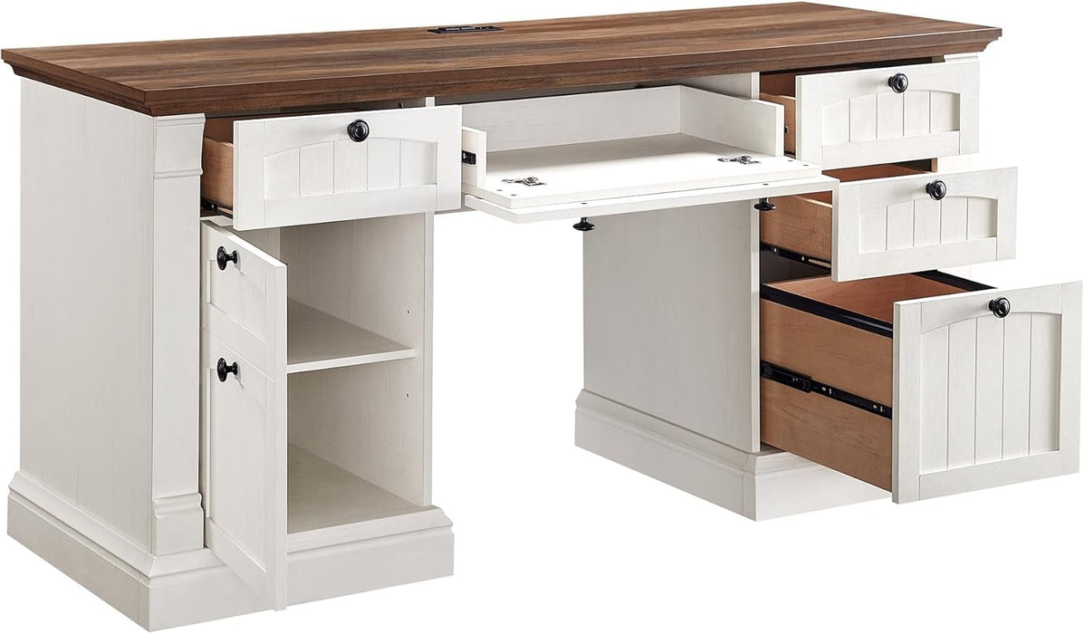 60" Executive Desk with Drawers, Farmhouse Home Office Desk with Charging Station, Keyboard Tray, File Cabinet Storage, Wood Computer Desk for Work and Study, Antique White - ShipItFurniture