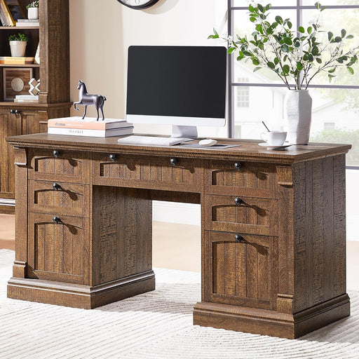 60" Executive Desk with Drawers, Farmhouse Home Office Desk with Charging Station, Keyboard Tray, File Cabinet Storage, Wood Computer Desk for Work and Study, Reclaimed Barnwood - ShipItFurniture