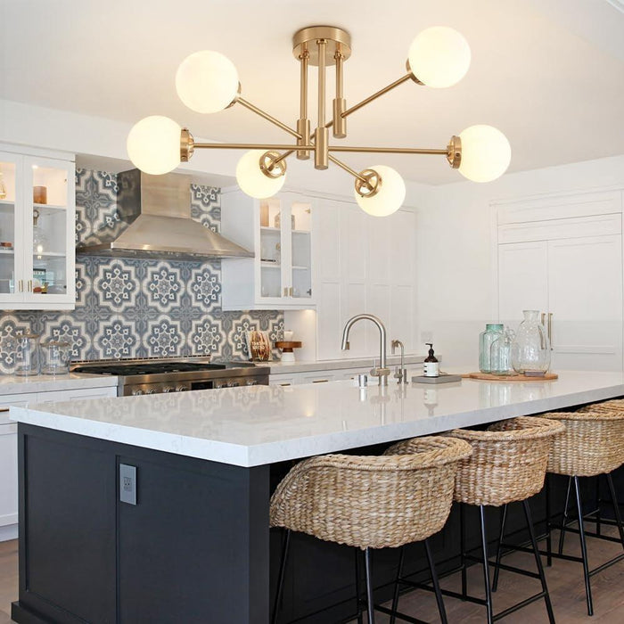 Gold Sputnik Chandelier, Modern Globe Chandelier Light Fixture with Glass Globe Shade, Mid Century Ceiling Light 6-Light for Living Room Dining Room