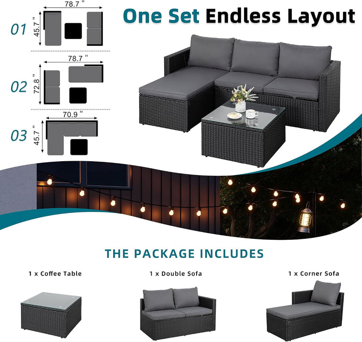 Patio Furniture Set with Detachable Soft Cushions, Outdoor PE Rattan Patio Conversation Sofa Set, 3-Piece Patio Sectional Sofa with Glass Coffee Table (Black Rattan&Charcoal)