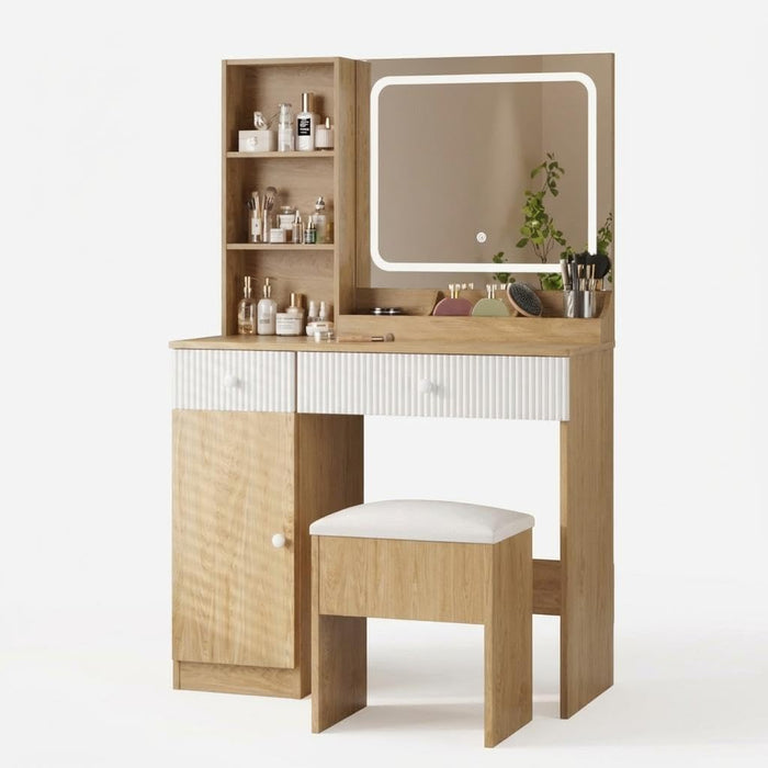 Makeup Vanity with Lighted Mirror, Vanity Desk with Power Strip, Adjustable Lighting, Drawers and Cushioned Stool, Dressing Table for Bedroom
