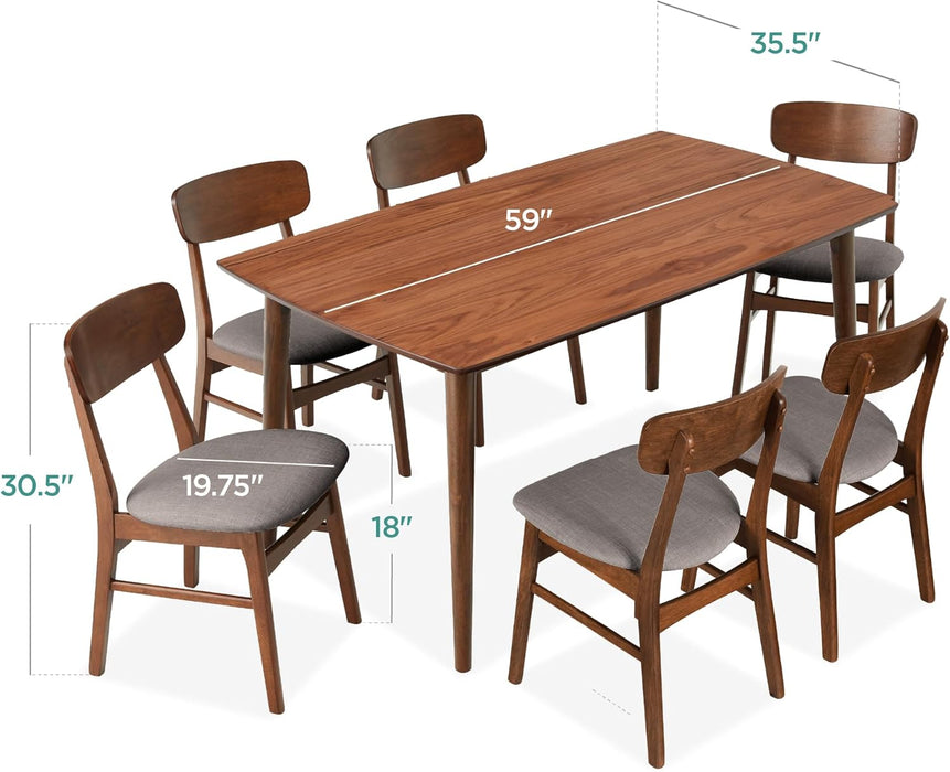7-Piece Wooden Dining Room Table Set, Mid-Century Modern, Kitchen Table W/ 6 Chairs, Upholstered Cushions, Curved Backrests, Rounded Table Corners - Walnut/Gray