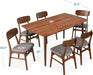 7-Piece Wooden Dining Room Table Set, Mid-Century Modern, Kitchen Table W/ 6 Chairs, Upholstered Cushions, Curved Backrests, Rounded Table Corners - Walnut/Gray