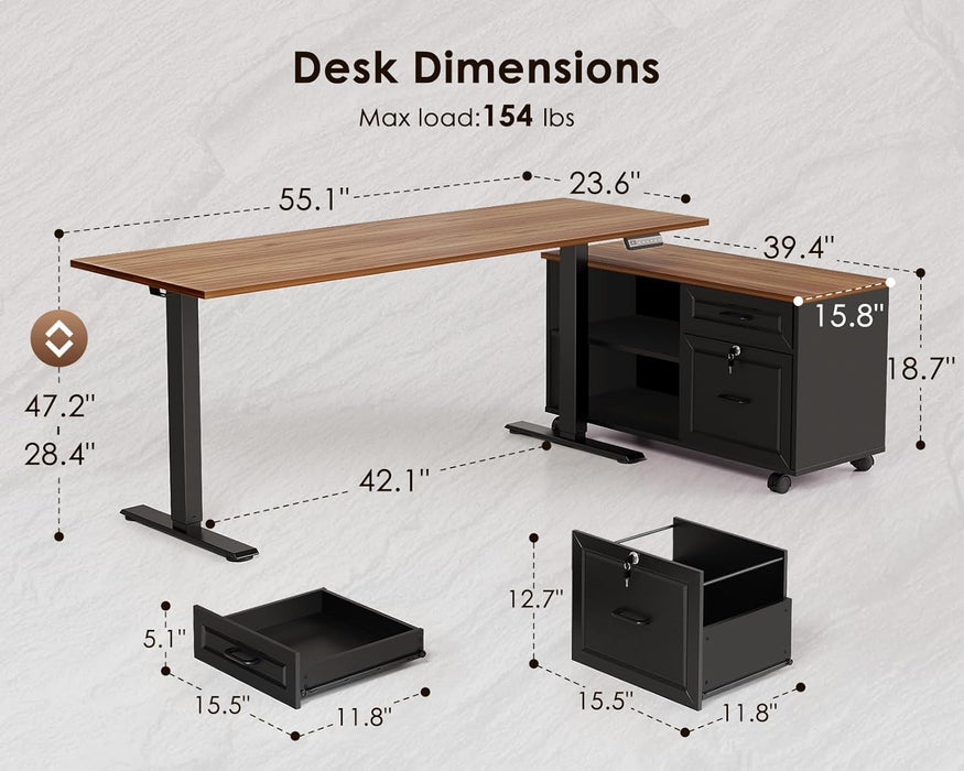 55 Inch L Shaped Electric Standing Desk with Drawers & File Cabinet Sets, Executive Sit Stand Desk, Height Adjustable Computer Desk for Home Office, Writing, Workstation, Walnut+Black