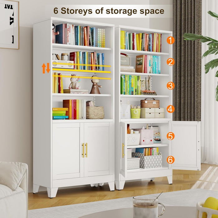 71" H Tall Metal Bookcases and Bookshelves with 2 Doors and Adjustable Shelves, White Tall Storage Cabinet Industrial Bookshelf 6-Tier Open Display Shelf，Decor Furniture for Living Room
