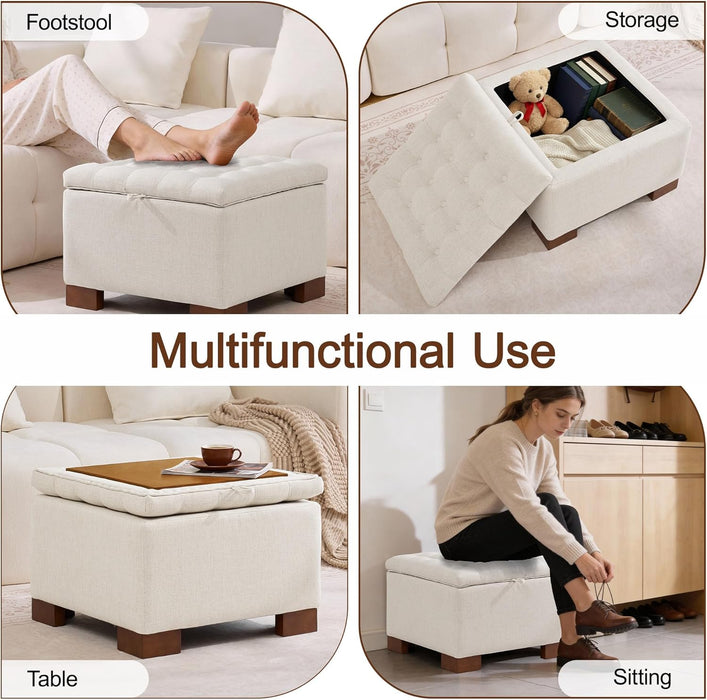 24" Fabric Square Storage Ottoman with Wooden Tray, Modern Tufted Button Footstool Coffee Table, Upholstered Small Ottoman for Living Room, Bedroom, Beige