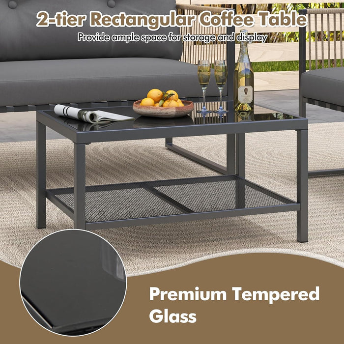 8 Pieces Patio Furniture Set, Outdoor PE Rattan Conversation Sofa Set with Thick Cushions and 2-Tier Tempered Glass Coffee Table for Garden, Porch, Balcony and Backyard