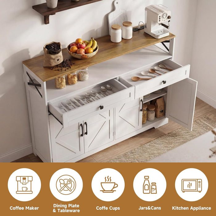 Sideboard Buffet Cabinet with Storage, 47" Kitchen Buffet Cabinet with Charging Station, Farmhouse Coffee Bar Station with Drawers and Doors, Credenza for Kitchen Living Room Entryway, White