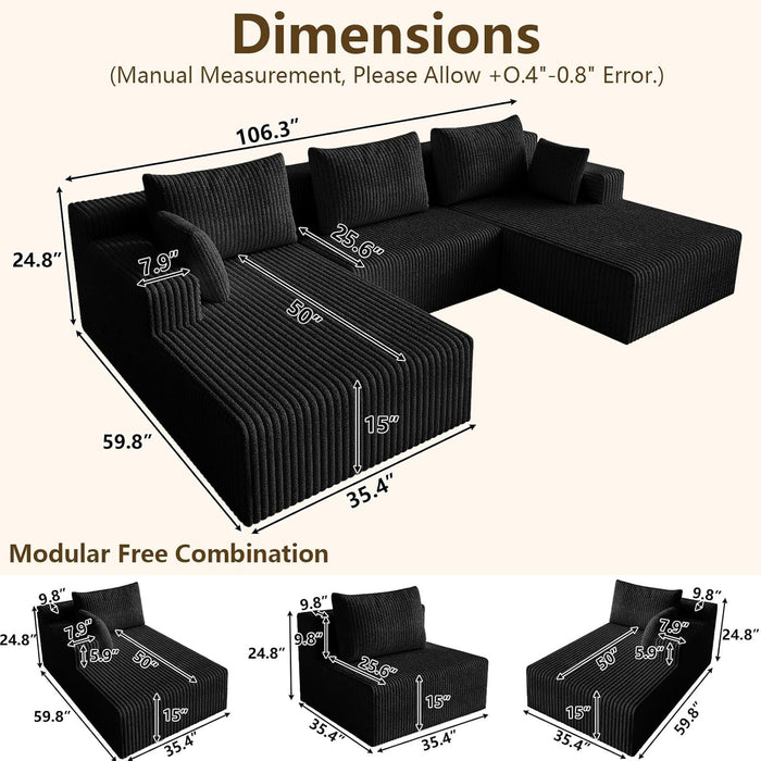 107Inch Modular Sectional Sofa Black Corduroy Upholstered