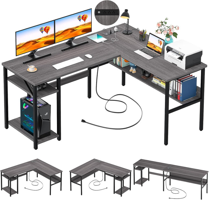 Reversible L Shaped Desk with Magic Power Outlets and USB Charging Ports, Sturdy Corner Computer Desk with Storage Shelves, Gaming Table Home Office Desk, Easy to Assemble, Enoch Walnut