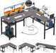 Reversible L Shaped Desk with Magic Power Outlets and USB Charging Ports, Sturdy Corner Computer Desk with Storage Shelves, Gaming Table Home Office Desk, Easy to Assemble, Enoch Walnut