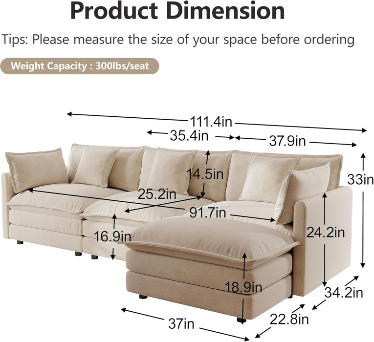 Modular Sectional Sofa 111.5Inch Movable Ottoman Chenille