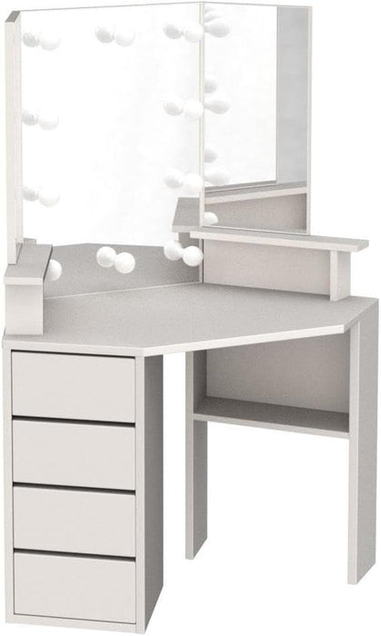 Corner Vanity Desk with Lighted Mirror & Power Strip,White Makeup Vanity Table with Lights,42 Inch Corner Vanity Mirror with Lights and 4 Drawer, 3 Lighting Modes, Brightness Adjustable