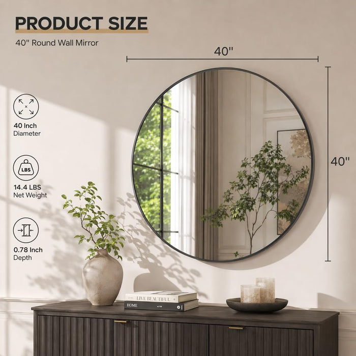 40 Inch round Mirror, Black Metal Frame Wall Mirror for Bathroom