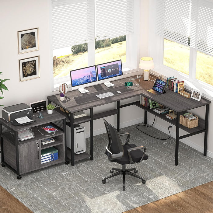 Reversible L Shaped Desk with Magic Power Outlets and USB Charging Ports, Sturdy Corner Computer Desk with Storage Shelves, Gaming Table Home Office Desk, Easy to Assemble, Enoch Walnut