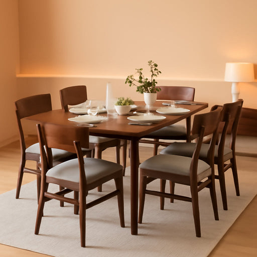 7-Piece Wooden Dining Room Table Set, Mid-Century Modern, Kitchen Table W/ 6 Chairs, Upholstered Cushions, Curved Backrests, Rounded Table Corners - Walnut/Gray