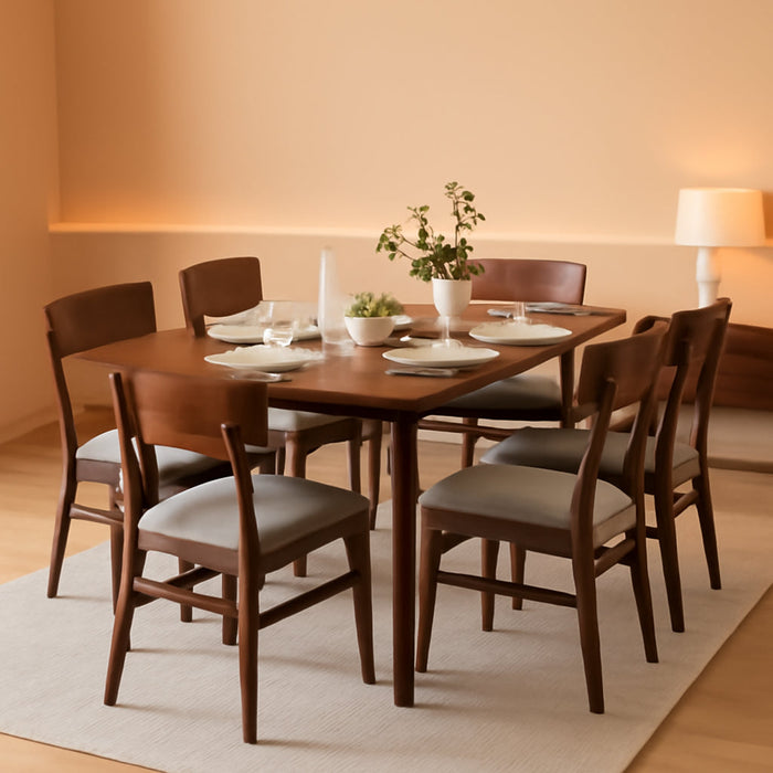 7-Piece Wooden Dining Room Table Set, Mid-Century Modern, Kitchen Table W/ 6 Chairs, Upholstered Cushions, Curved Backrests, Rounded Table Corners - Walnut/Gray