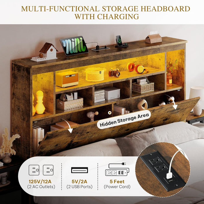 Queen Size Bed Frame with Storage Bookcase Headboard & RGB LED Lights, Slide Out Bedside Storage, Charging Station, Heavy Duty Metal Slats, No Box Spring Needed, Noise-Free, Rustic Brown
