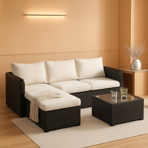 4 Pieces Patio Furniture Set, 2-In-1 Convertible Sectional Sofa & Chaise Lounge, All-Weather Wicker Rattan Sofa Couch with Cushions & Coffee Table for Yard, Garden, Porch, Poolside (Beige)