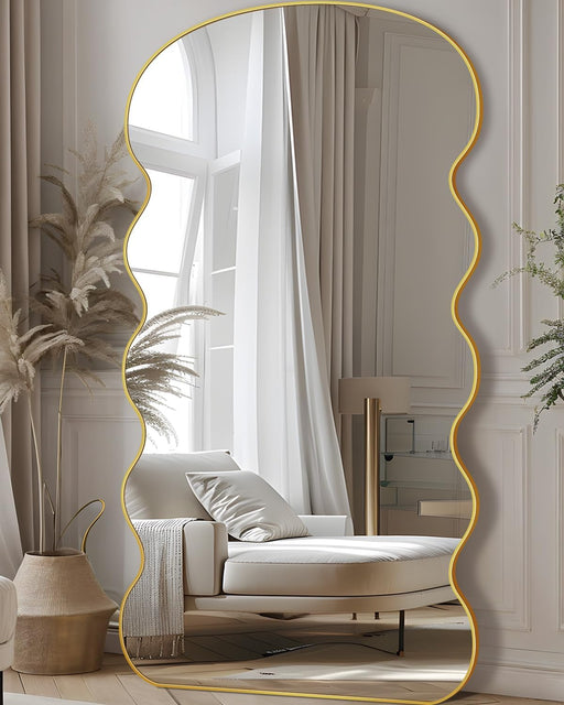 Wavy Full Length Mirror with Stand, 76” X 34" Floor Mirror, Aluminum Alloy Frame Wall Mounted Leaning Standing, Full Body Mirror for Bedroom Living Room Entryway,Gold