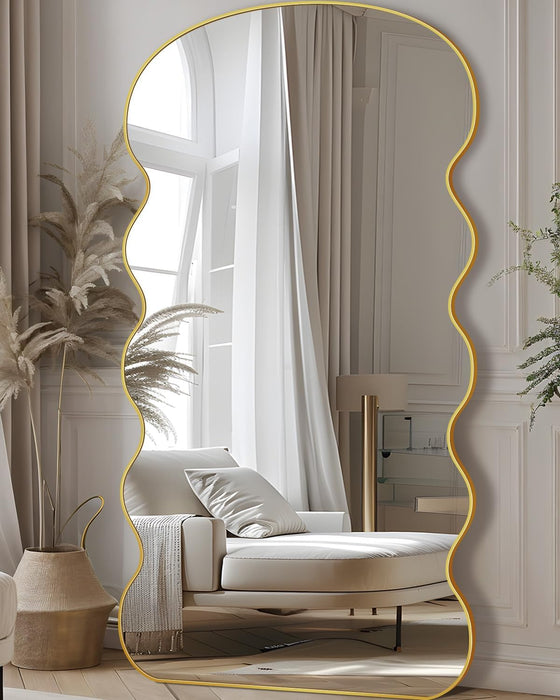 Wavy Full Length Mirror with Stand, 76” X 34" Floor Mirror, Aluminum Alloy Frame Wall Mounted Leaning Standing, Full Body Mirror for Bedroom Living Room Entryway,Gold