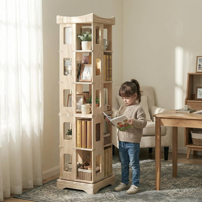 Larger Solid Wood Rotating Bookshelf, Revolving Bookcase (5-Tier)