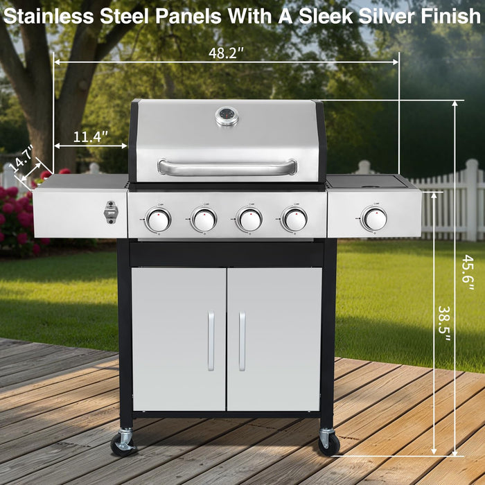 4 Burner Propane Gas Grill, 49,000 BTU Outdoor BBQ Grill with Cast Iron Grates & Griddle Combo, Large Cooking Area with Side Burner, Pullout Grease Tray, Portable for Backyard Patio