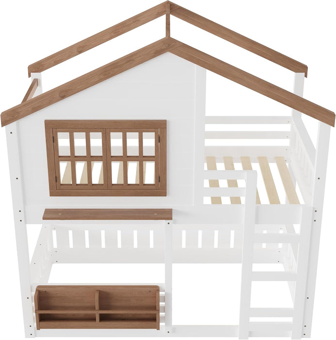 Twin Bunk Bed With Bookshelves Beige LinenFinishPremium