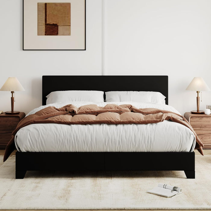 Queen Bed Frame with Adjustable Headboard, Faux Leather Platform Bed with Wood Slats, Heavy Duty Mattress Foundation, No Box Spring Needed, Noise-Free, Easy Assembly, Black