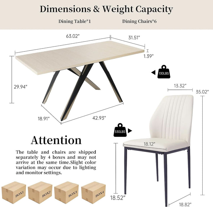 7-Piece Dining Table Set for 6, Natural Table + 6 Beige Chairs