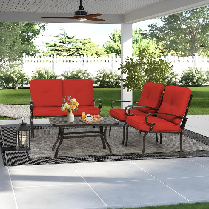 4Pcs Metal Outdoor Furniture Patio Conversation Set (Loveseat and Coffee Table, 2 Dining Chair) -Wrought Iron Patio Chair Set with Cushions (Red)