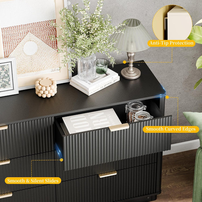 Fluted Dresser for Bedroom with 6 Drawers, 54" Wide Modern Chest of Drawers with Lighting, Wooden Dresser TV Stand with Curved Edges, Closet Organizer for Living Room, Hallway, Black