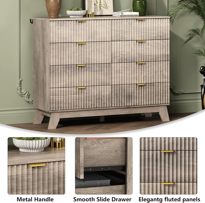 8 Drawer Fluted Dresser for Bedroom, Mid Century Modern Wooden Dresser with 8 Drawers, Dressers & Chests of Drawers with Metal Handle, TV Stand & Storage Organizer for Entryway, Hallway, Grey