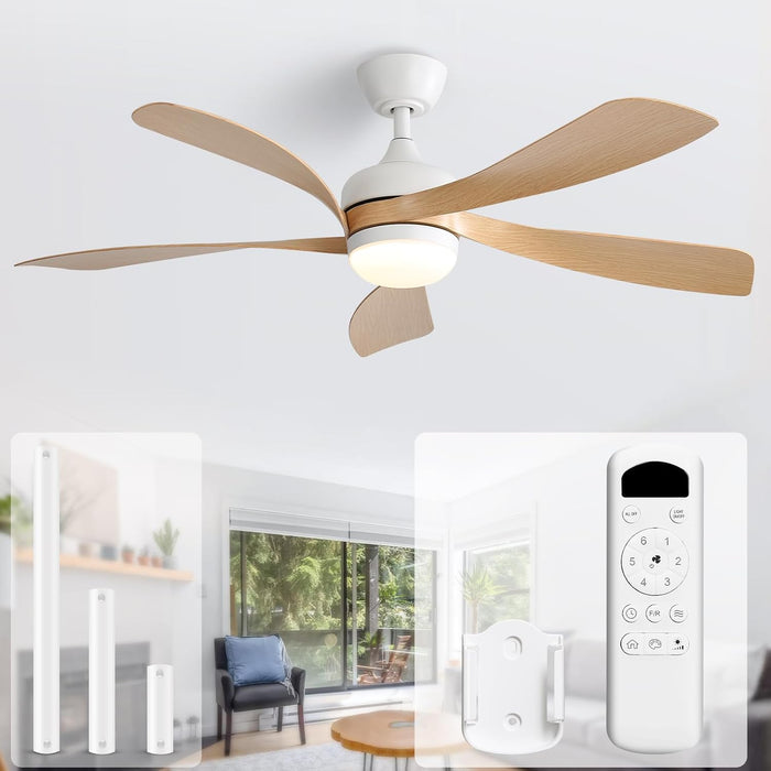 52 Inch Ceiling Fans with Lights and Remote, Outdoor Ceiling Fan with Light 6-Speed 3 CCT 3-Timer, Modern Low Profile Ceiling Fan 5 Blade Reversible DC Motor for Living Room Bedroom Patio