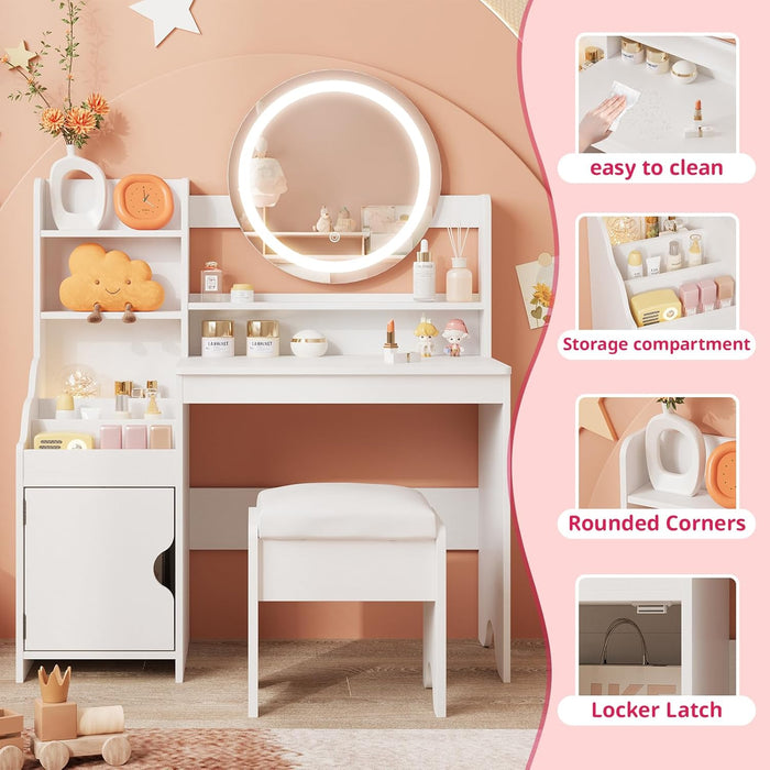 Kids Vanity with Lights, Princess Makeup Vanity Desk with Open Bookshelf, Storage Cabinet & Shelves, Toddler Vanity Table and Chair Set, Pretend Play Vanity Set for Little Girls, White