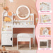 Kids Vanity with Lights, Princess Makeup Vanity Desk with Open Bookshelf, Storage Cabinet & Shelves, Toddler Vanity Table and Chair Set, Pretend Play Vanity Set for Little Girls, White