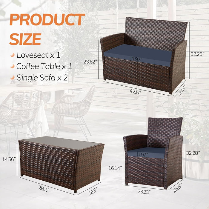 4 Piece Patio Furniture Set,Outdoor Wicker Conversation Sets,Rattan Sectional Sofa W/Coffee Table,Seat Cushions for Backyard Porch Garden Poolside (Gray/Blue)