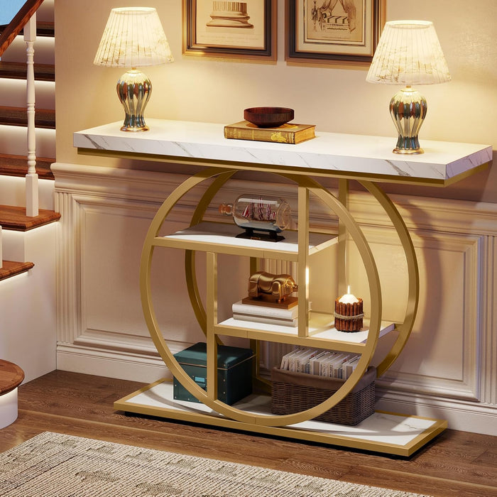 41.3" Console Table, Industrial 4-Tier Sofa Entryway Table with Circle Base, Narrow Wood Accent Tables with Storage Shelves for Living Room, Hallway, Foyer, White Gold