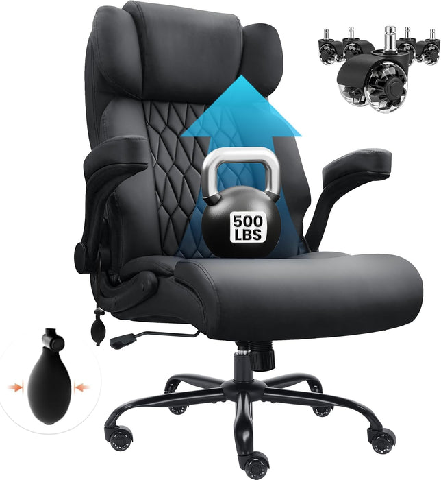 500Lbs Big and Tall Office Chair Adjustable Lumbar Support for Back Pain, Extra Wide Seat Executive Office Chair Thick Armrest Pad, Heavy Duty Base&Upgraded Wheels, Ergonomic Desk Chair