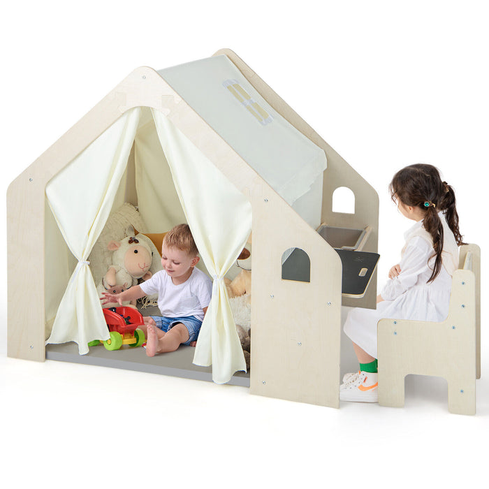 6-In-1 Kids Playhouse Wooden Indoor Play Tent W/ Blackboard, Desk Table, Chair