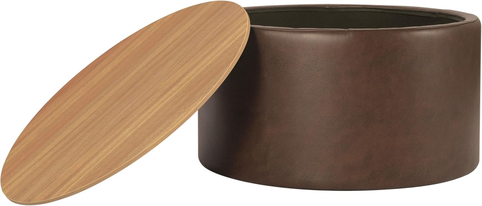 Modern Fabric Storage Ottoman with Wood Top - Faux Brown Leather