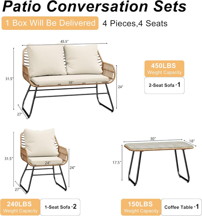4-Piece Outdoor Patio Furniture Set with Cushions & Tempered Glass Table, All-Weather Rattan Bistro Set with Loveseat Chairs Table Soft Cushions for Garden, Porch, Backyard -Beige