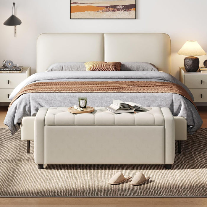 50 Inches Wide Storage Ottoman Bench, Upholstered Foot Rest Stool, Long Bench Footstool, Couch Ottoman, Ottomans for Living Room, Entryway, End of Bed Storage Bench for Bedroom (Beige)