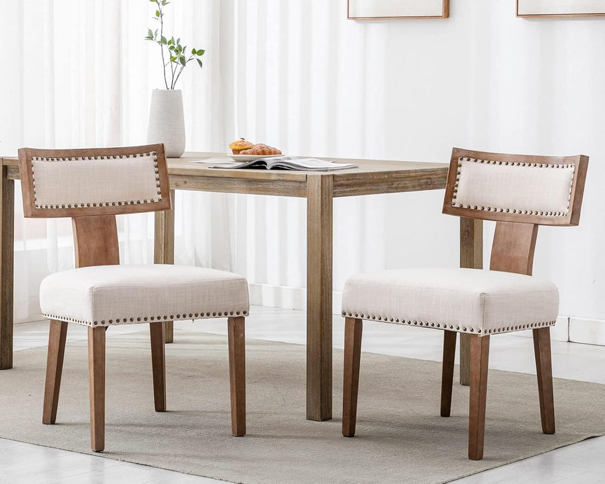 Mid Century Modern Dining Chairs Set of 4, Farmhouse Linen Fabric Upholstered Accent Chairs Curved Nailhead Trim Backrest Kitchen Chairs, with Hardwood Frame, Beige
