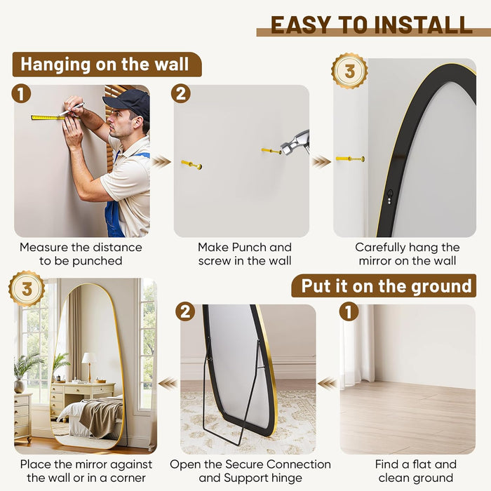 Full Length Mirror, 76"X36" Floor Mirror with Stand,Standing Hanging Leaning Irregular Mirrors for Bedroom Living Room Entryway,Tear Drop Style,Golden